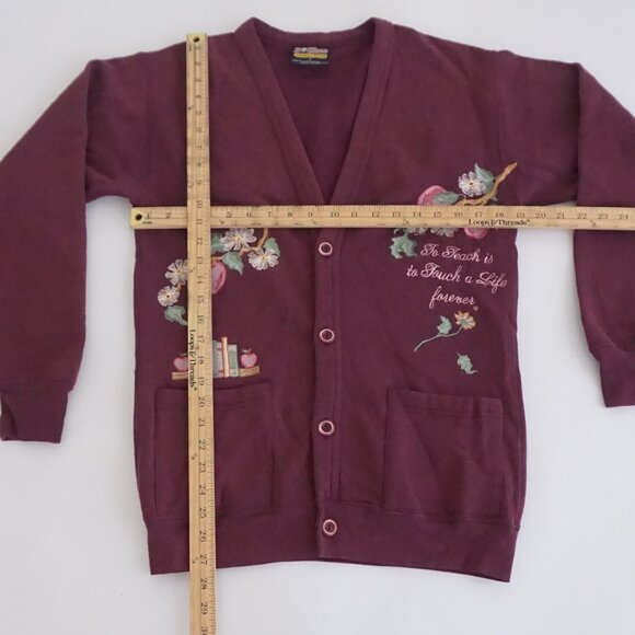 Vintage B-Wear Maroon Apple Floral Embroidered Cardigan Teacher Cabincore S - Picture 3 of 9